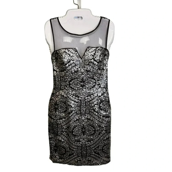 Adrianna Pappel Silver Black Sequin Sheer Yoke  Sheath Party Dress Women’s 8 New - Picture 1 of 12